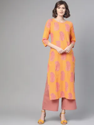 Adults-Women Orange & Pink Cotton Straight Paisley Printed Kurta