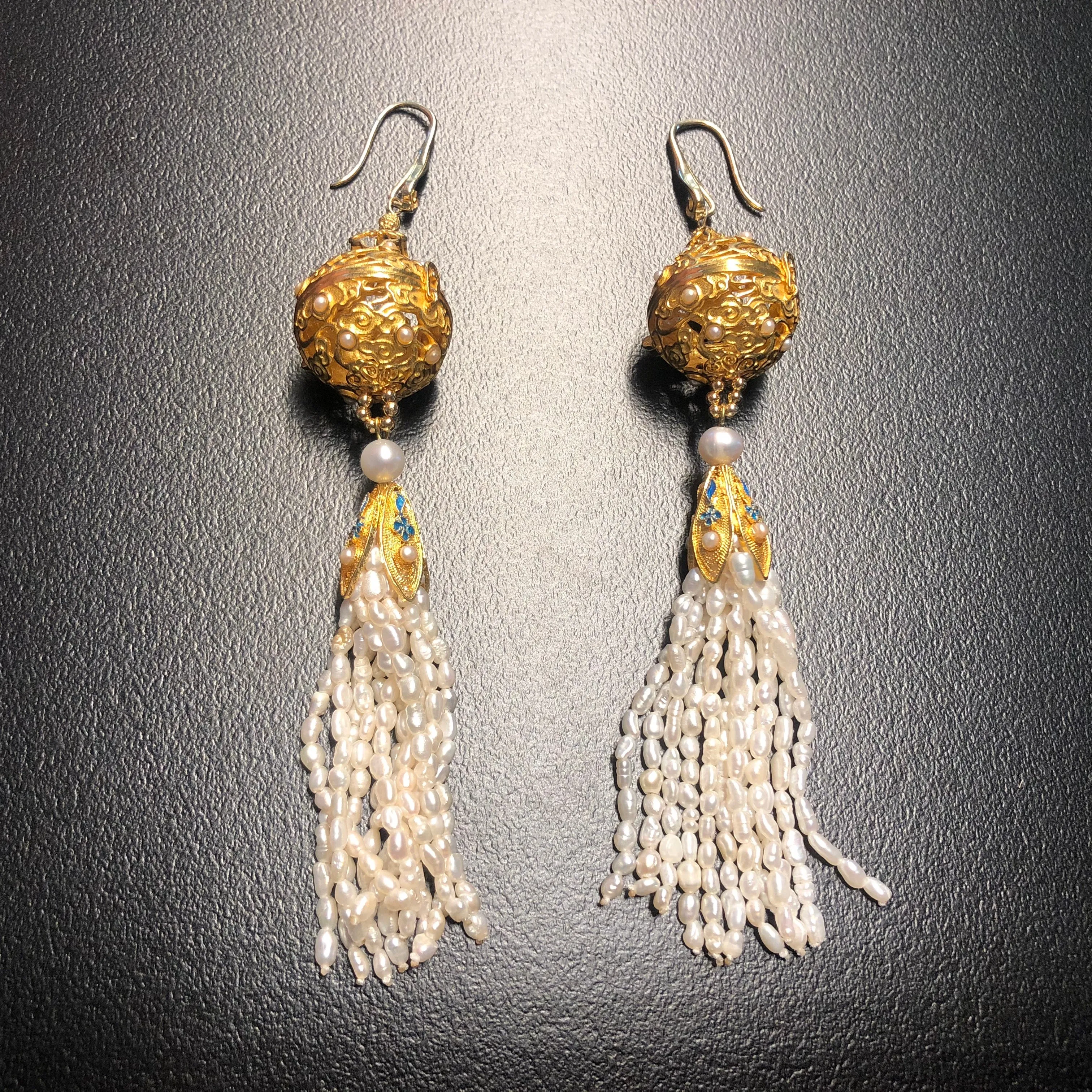 Auspicious Clouds Locket Ball and Pearl Tassel Earrings