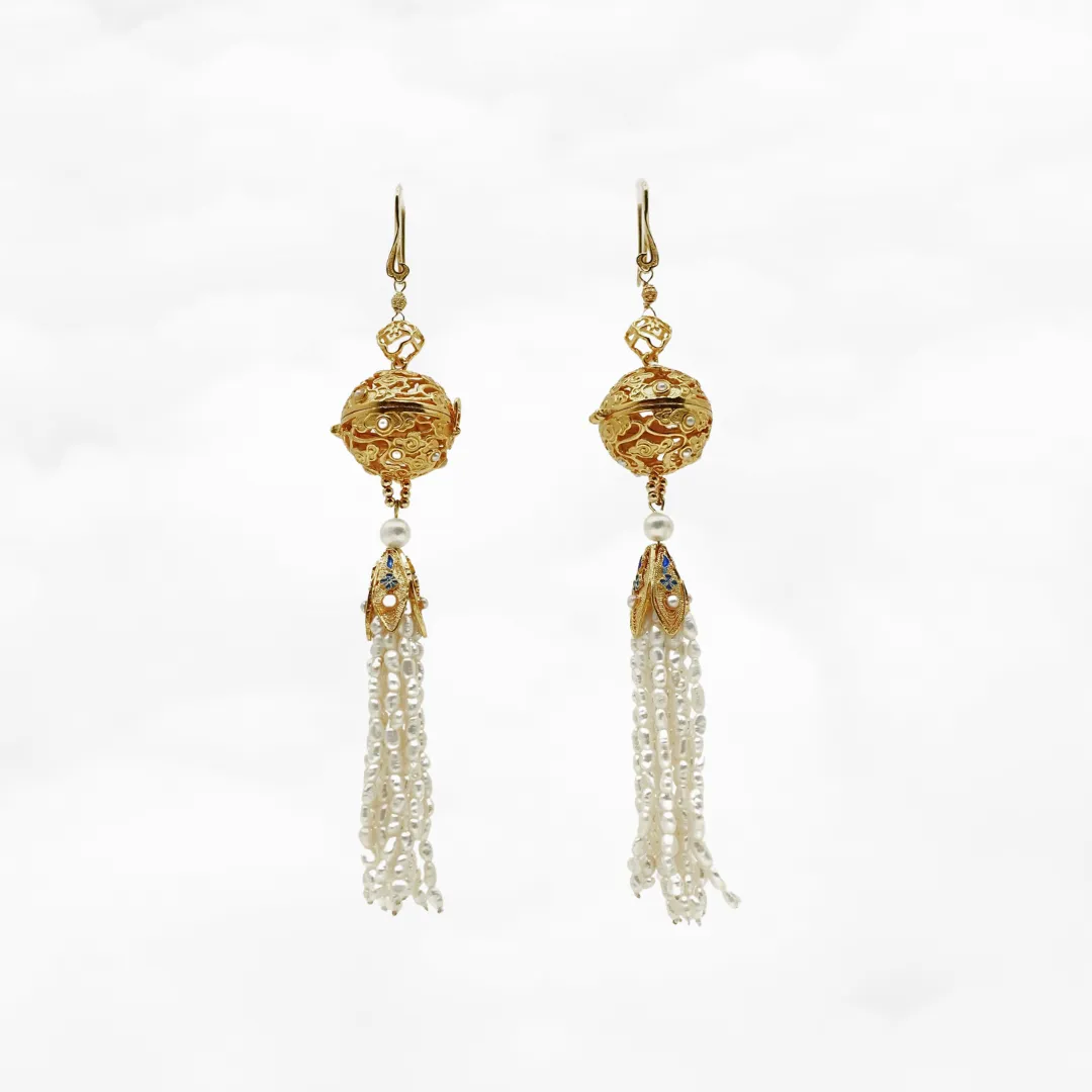 Auspicious Clouds Locket Ball and Pearl Tassel Earrings