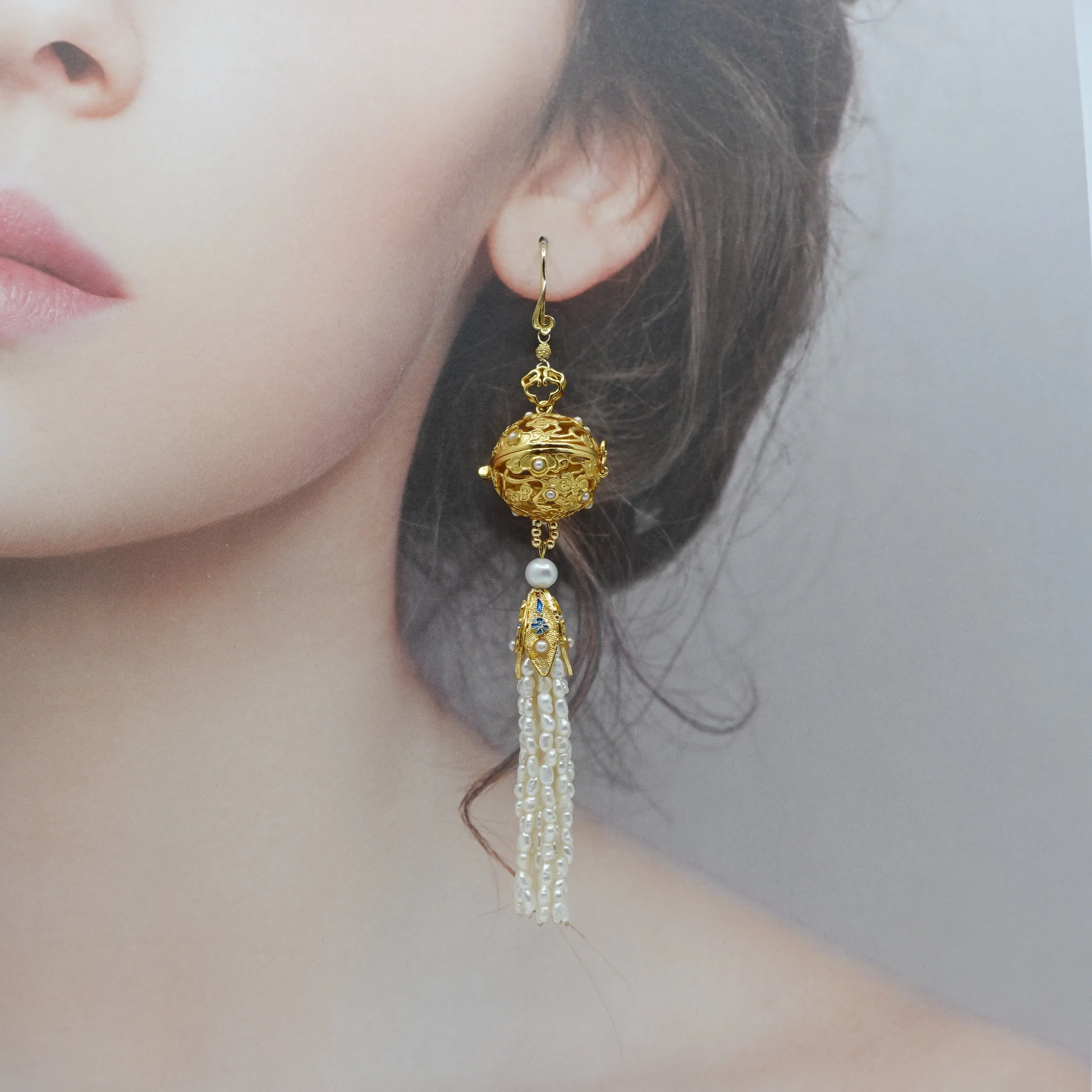 Auspicious Clouds Locket Ball and Pearl Tassel Earrings