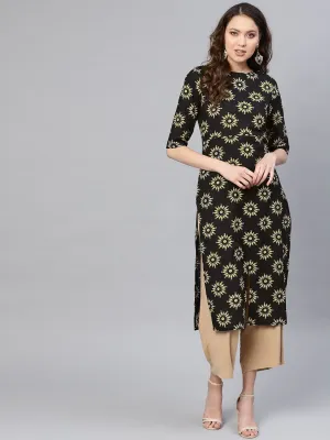 Black Warli Printed 3/4Th Sleeves Boat Neck Multi Slit Straight Kurta.