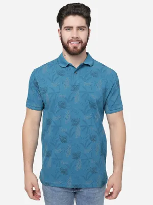 Blue Printed Slim Fit Polo T-Shirt | Greenfibre