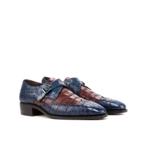 DapperFam Brenno in Navy / Burgundy Men's Italian Croco Embossed Leather Single Monk