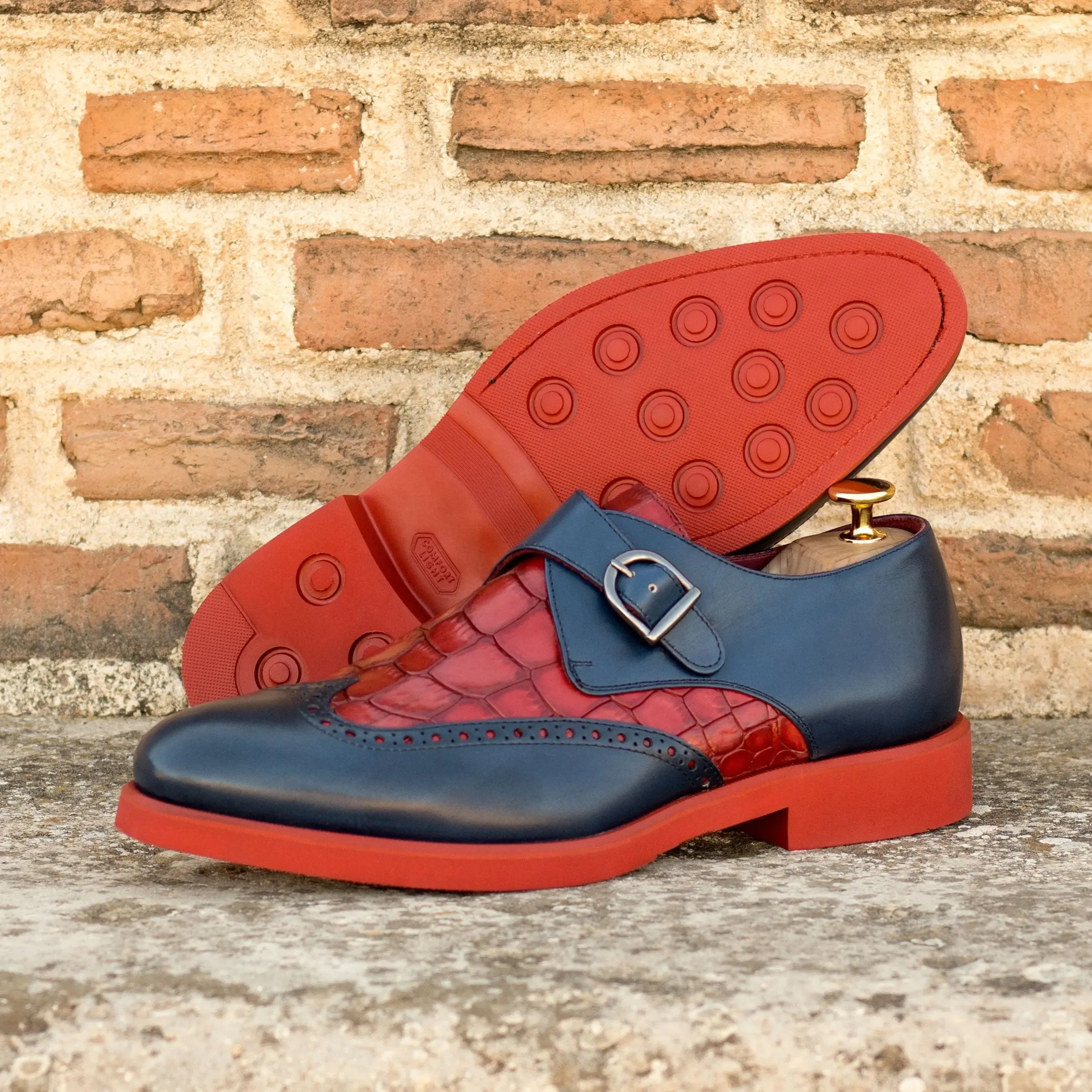 DapperFam Brenno in Navy / Red Men's Italian Leather & Italian Croco Embossed Leather Single Monk