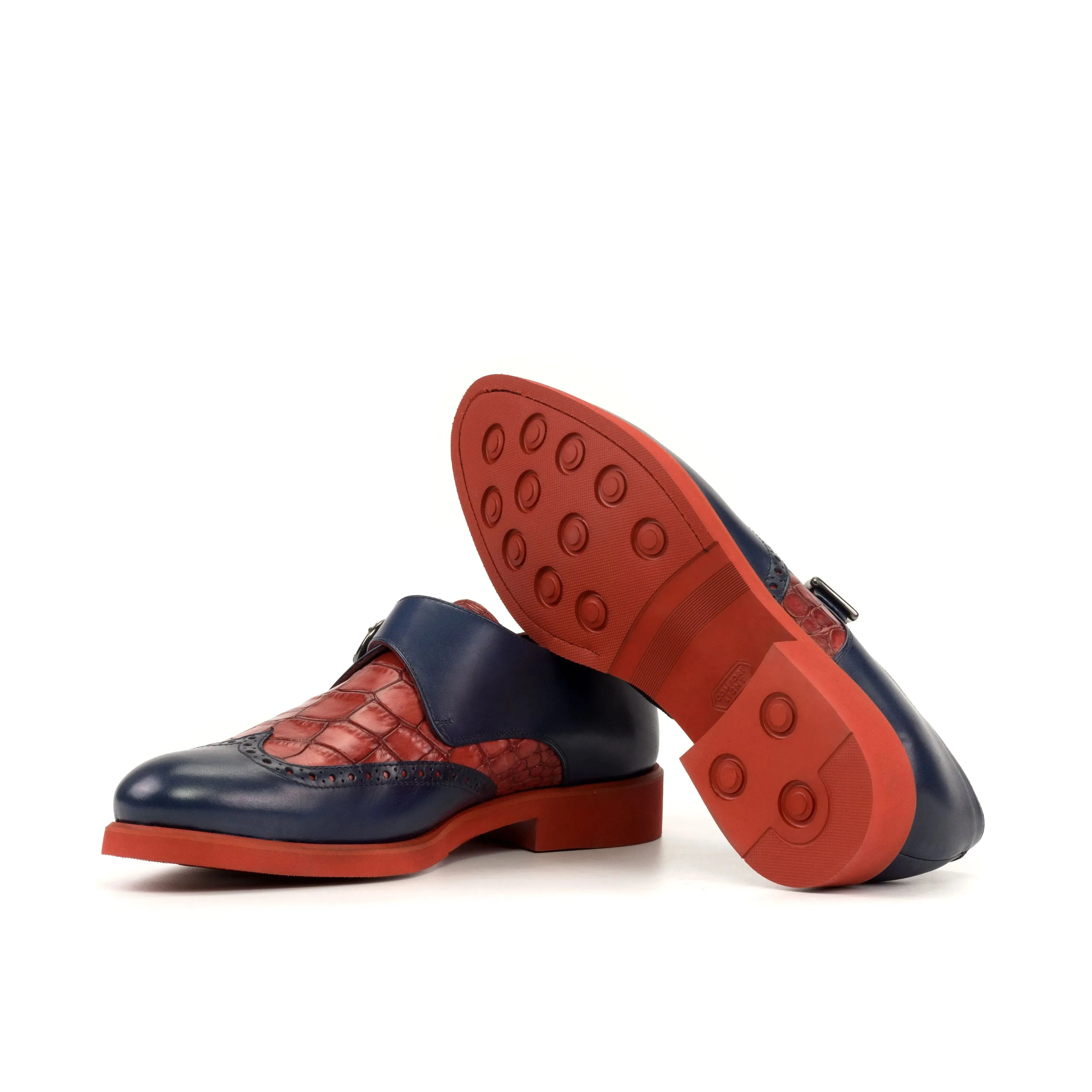 DapperFam Brenno in Navy / Red Men's Italian Leather & Italian Croco Embossed Leather Single Monk