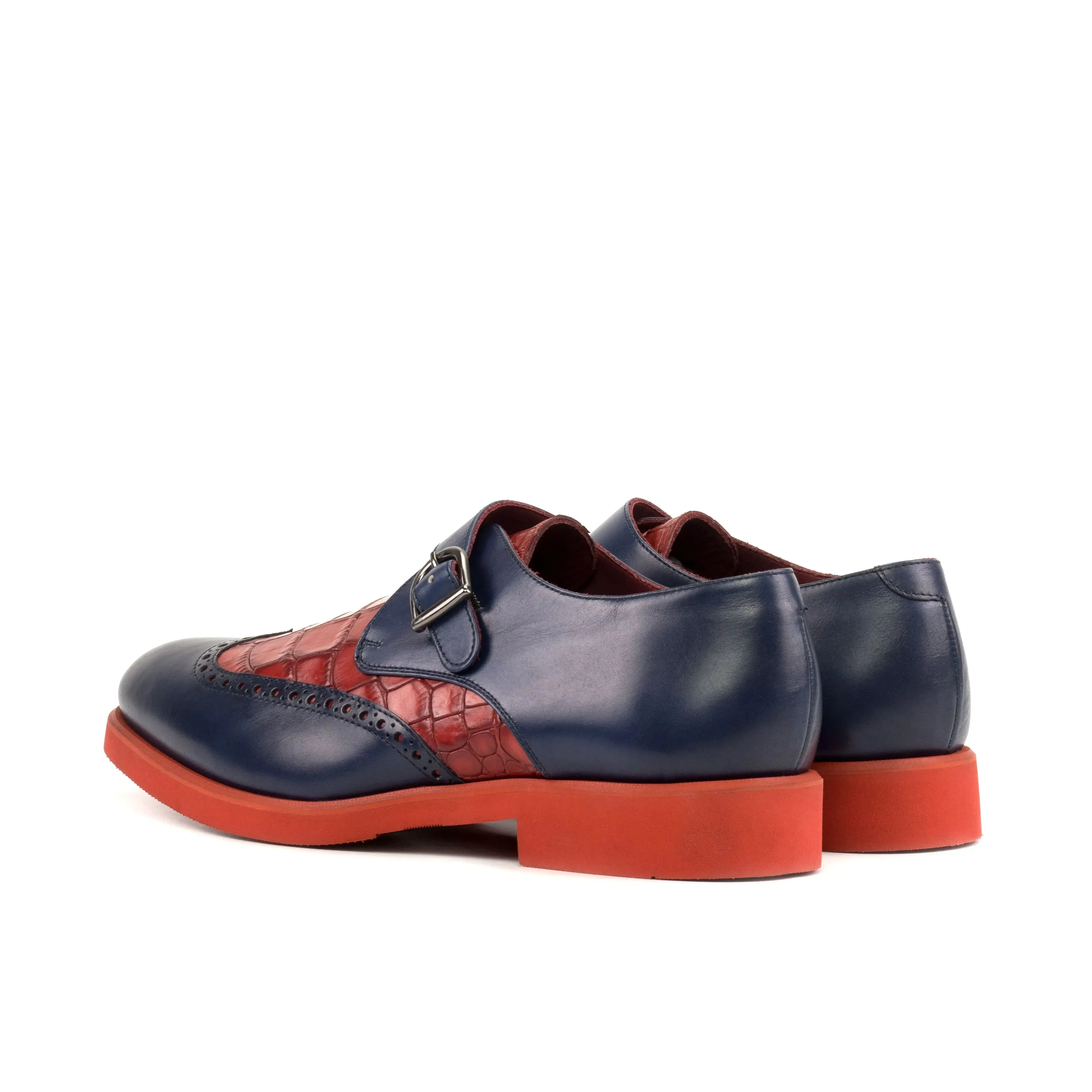 DapperFam Brenno in Navy / Red Men's Italian Leather & Italian Croco Embossed Leather Single Monk