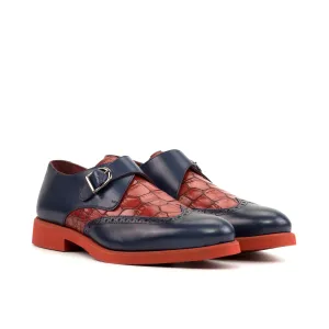 DapperFam Brenno in Navy / Red Men's Italian Leather & Italian Croco Embossed Leather Single Monk