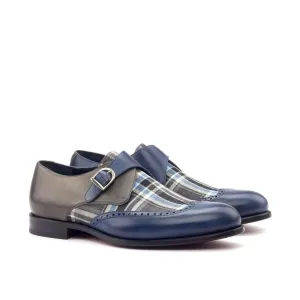 DapperFam Brenno in Plaid / Grey / Navy Men's Sartorial & Italian Leather Single Monk