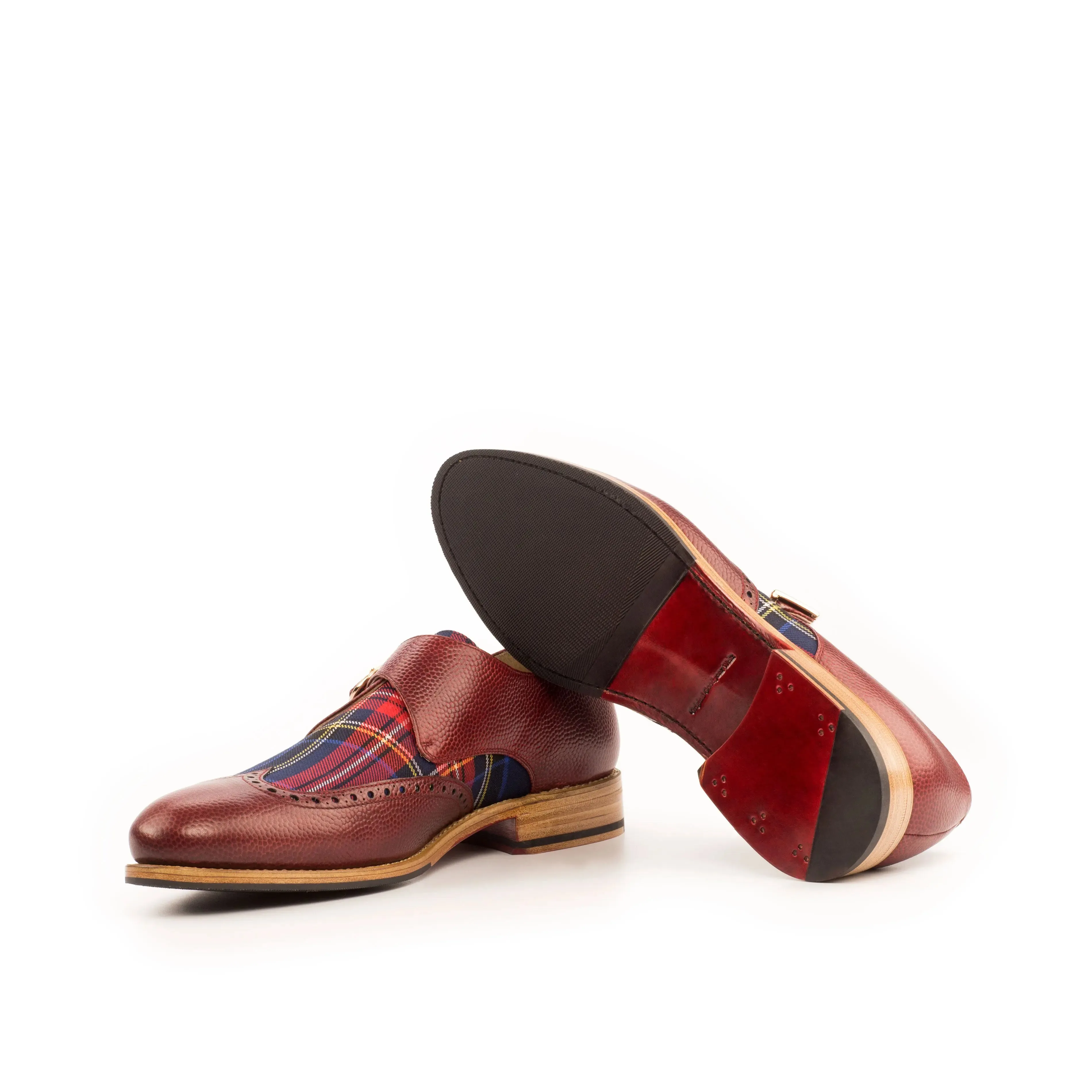 DapperFam Brenno in Red / Tartan Men's Sartorial & Italian Pebble Grain Leather Single Monk