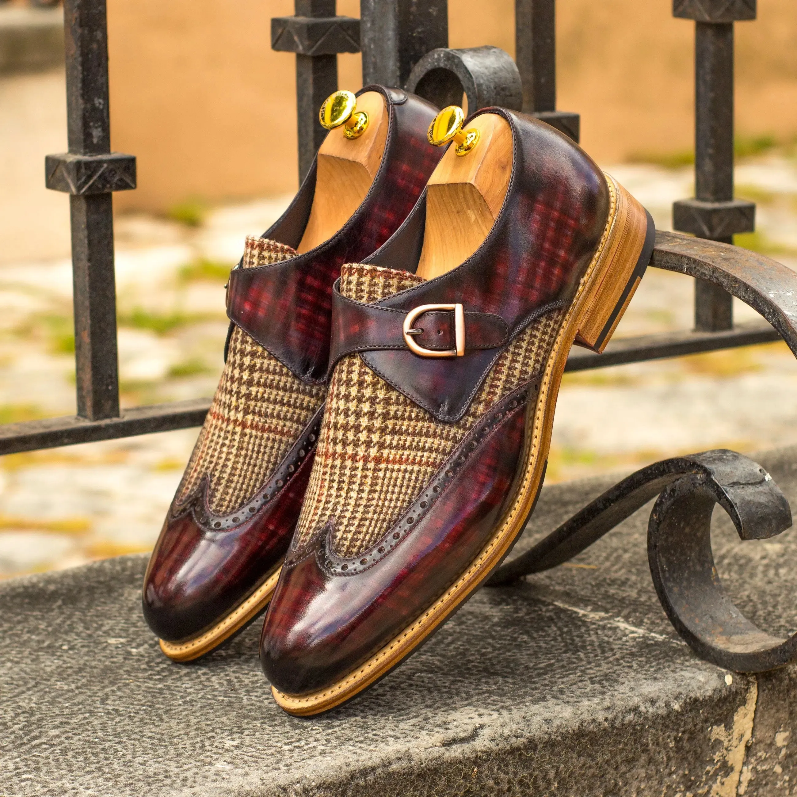 DapperFam Brenno in Tweed / Burgundy Men's Sartorial & Hand-Painted Patina Single Monk