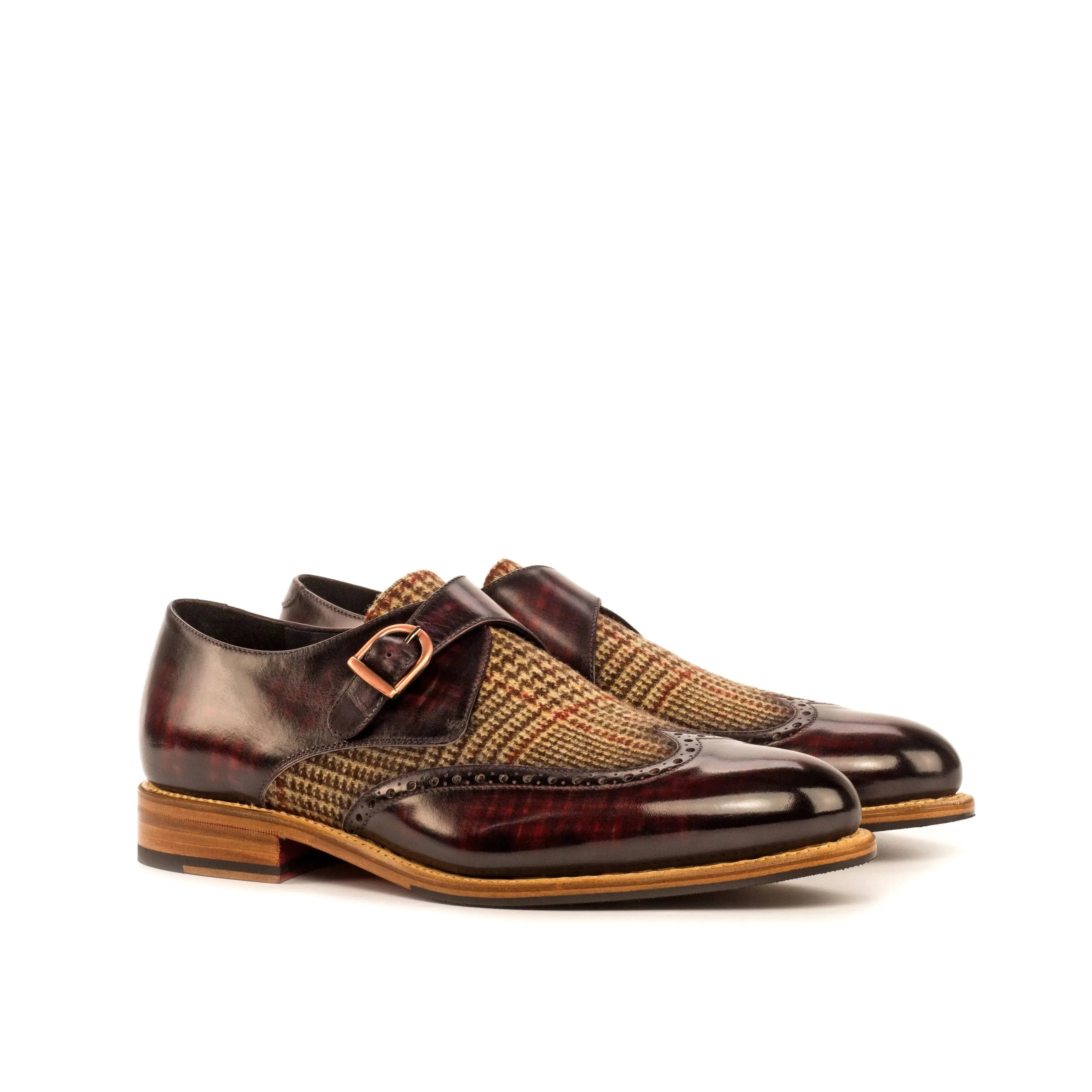 DapperFam Brenno in Tweed / Burgundy Men's Sartorial & Hand-Painted Patina Single Monk