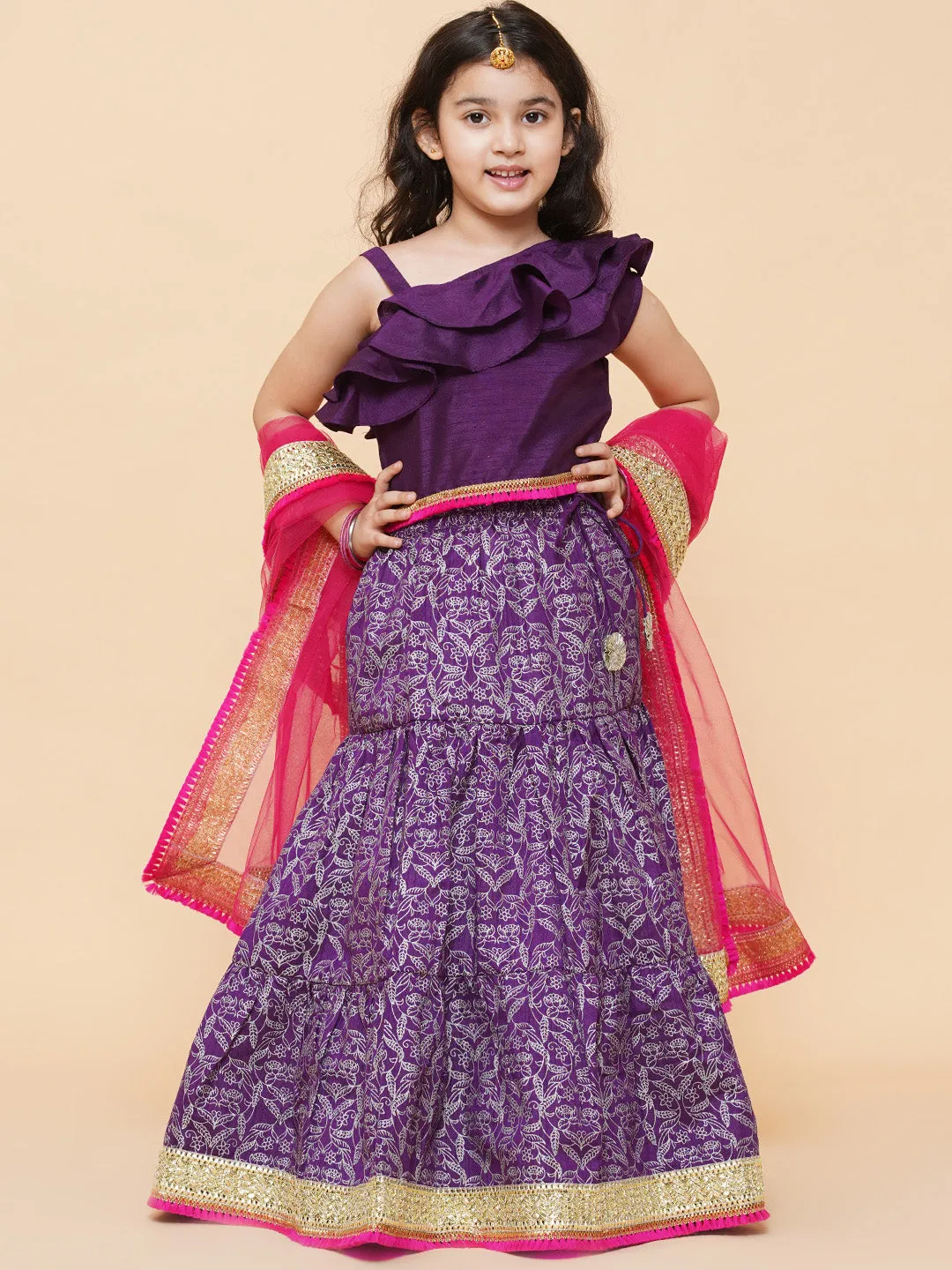 Girls Purple & Magenta Ready to Wear Lehenga & Blouse With Dupatta