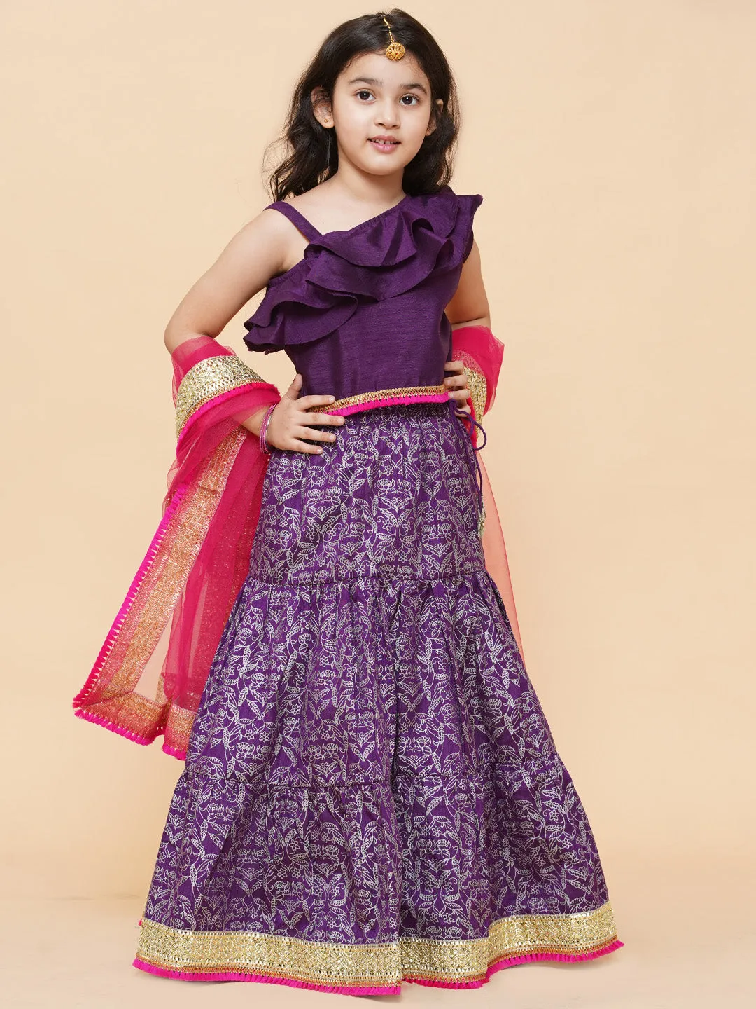 Girls Purple & Magenta Ready to Wear Lehenga & Blouse With Dupatta