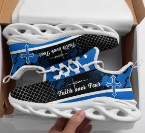 Jesus Blue Faith Over Fear Running Sneakers Max Soul Shoes - Christian Shoes For Men And Women