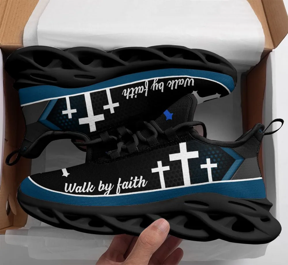 Jesus Walk By Faith Running Sneakers Blue 1 Max Soul Shoes - Christian Shoes For Men And Women