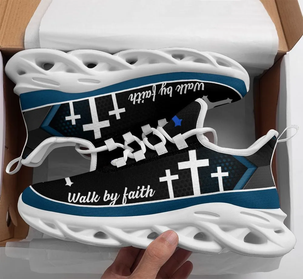 Jesus Walk By Faith Running Sneakers Blue 1 Max Soul Shoes - Christian Shoes For Men And Women