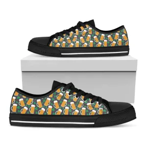 St. Patricks Day Low Top Sneakers - Black Canvas Shoes with Clover and Beer Print, Animal Print Design, Perfect for Celebrating!