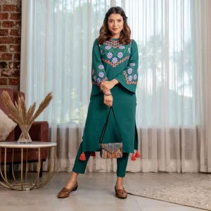 Teal Acrylic Floral Kurta with Flared Sleeves