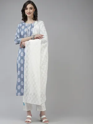 Women Sky Blue And White Block Print Cotton Kurta With Palazzo & Dupatta